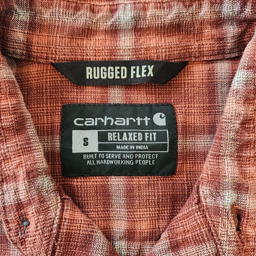 Carhartt Rugged Flex Relaxed Fit Plaid Button Down Casual Work Shirt Orange Mens - Picture 3 of 5
